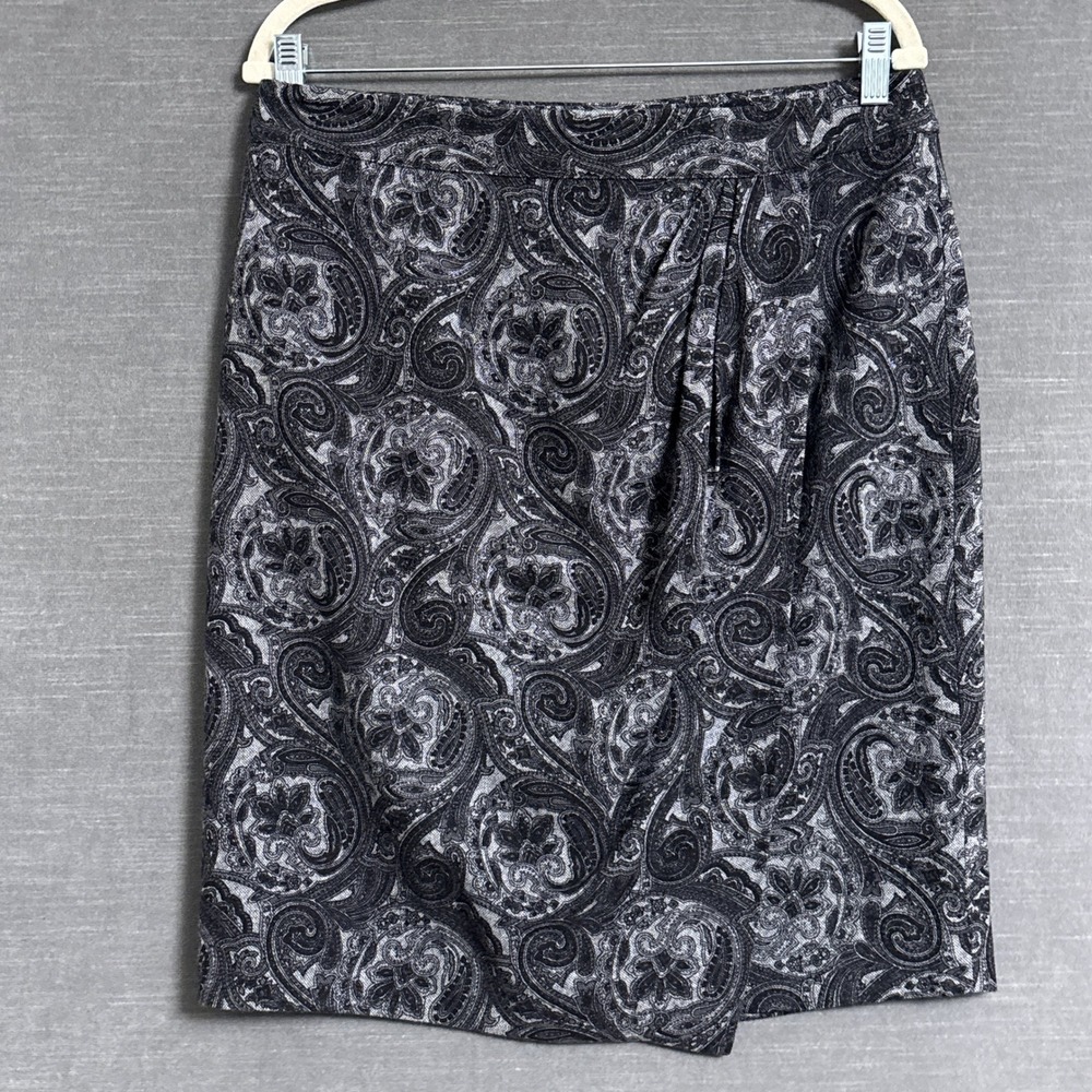 Talbots‎ Skirt 10 Gray Black Paisley Wool True Wrap Career Classic Fall Elegant